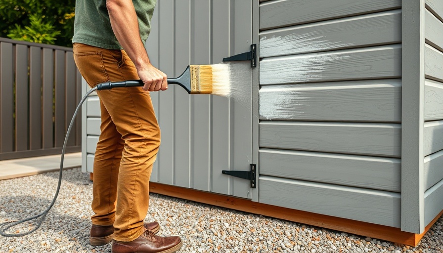 Man painting shed using paint brush with weed sprayer outdoors.