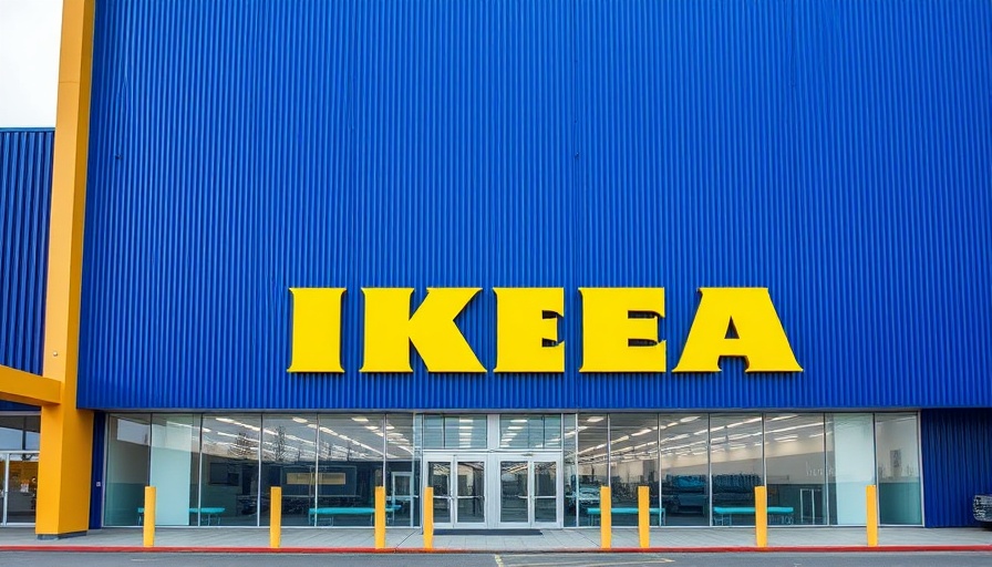 Sunny IKEA store facade with iconic branding.