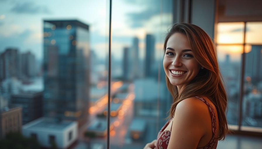 Young woman smiling in front of a cityscape at sunset, related to soil health research.