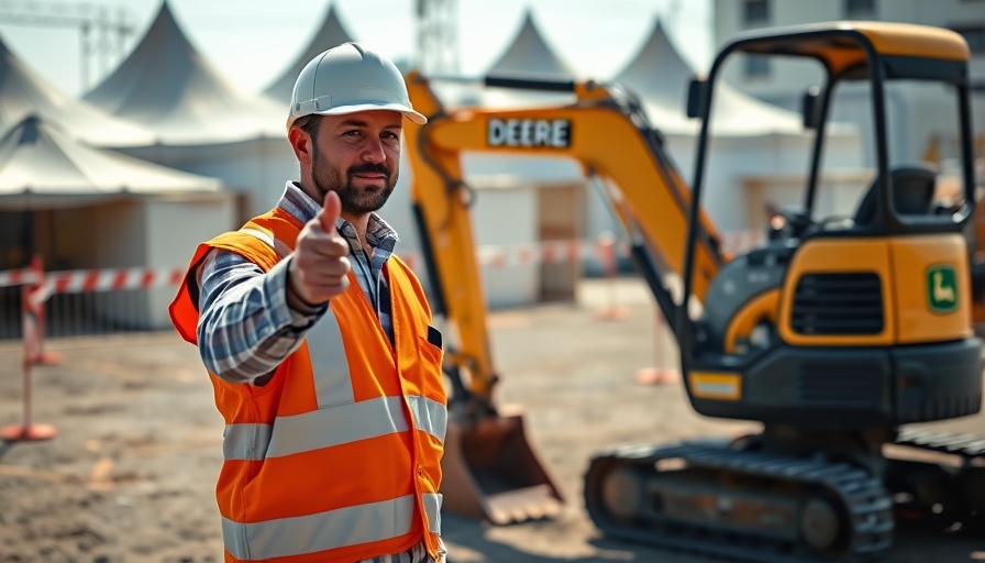 Worker showcasing John Deere mini excavator on construction site.