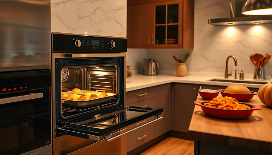 Modern kitchen oven baking fall dishes for stress-free gatherings.