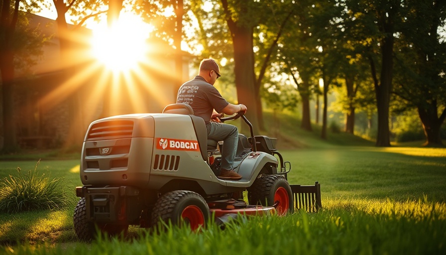 Bobcat lawn mower in action at Equip Expo under sunny trees.