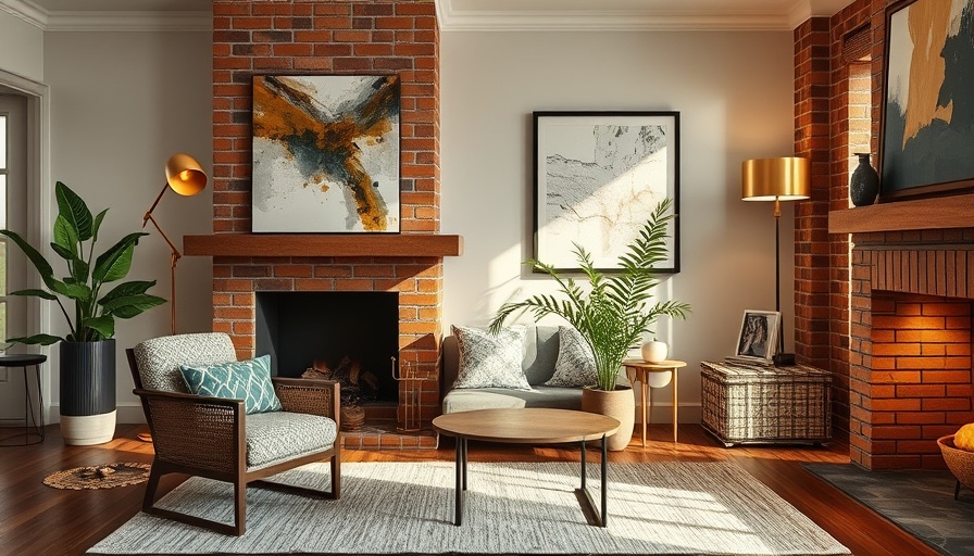 Warm living room with stylish fall decor and natural light, featuring a brick fireplace and patterned pillows.