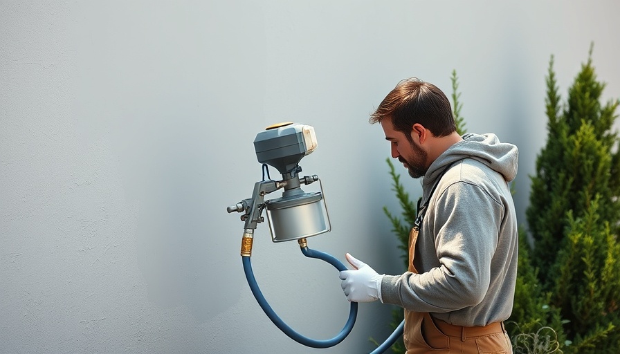 Painter using sprayer on exterior wall, Emerald Rain Refresh flat paint.