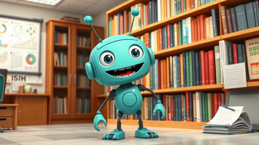 Teal robot and bookshelf in classroom, cartoon.