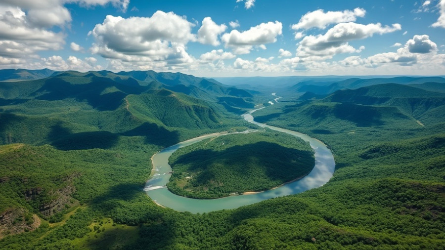 Aerial view of winding river in lush valley, New Polaris gold mine impact on salmon.