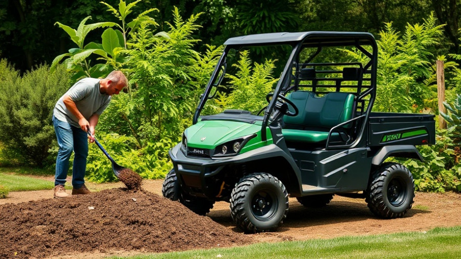 All-electric Gator GX UTV in a garden setting with worker.