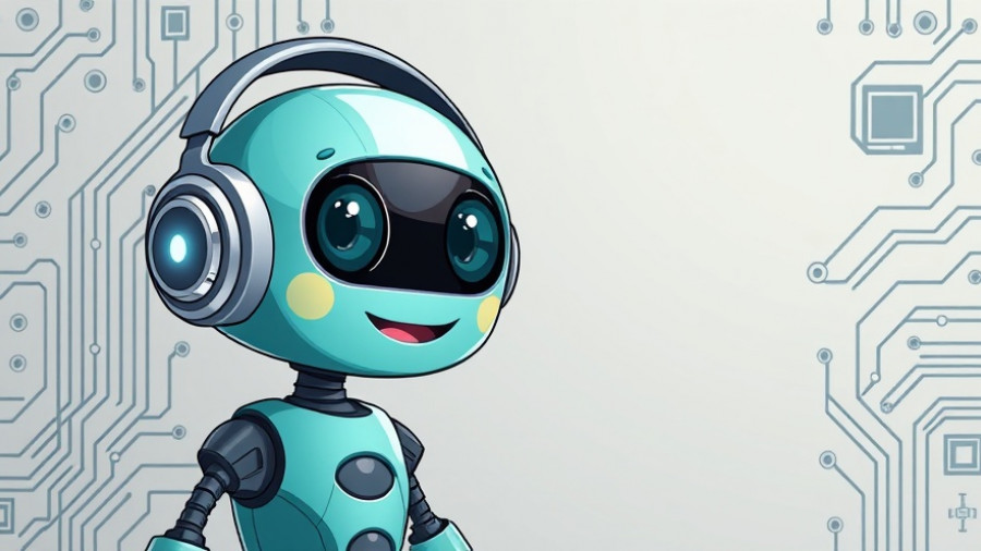 Teal robot with circuit board design, cartoon style.