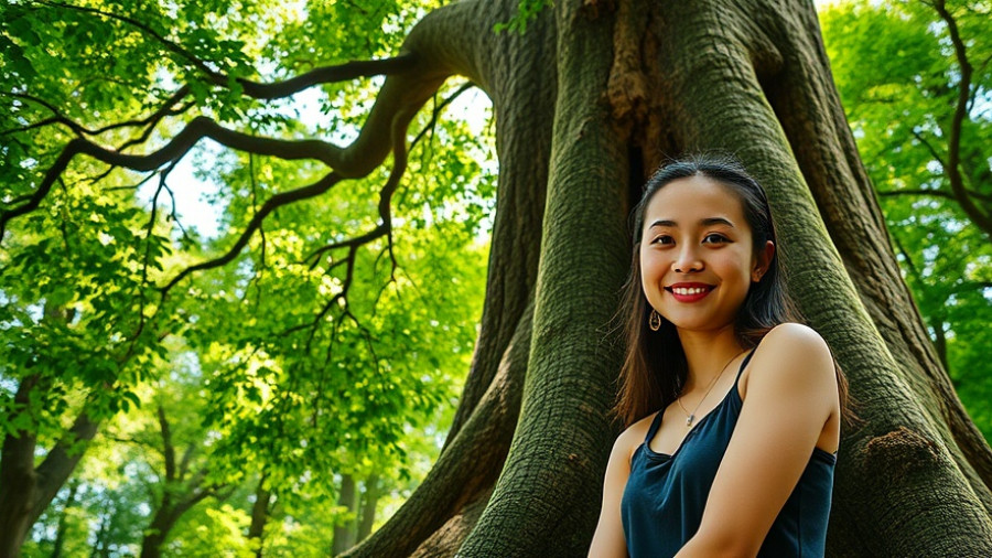 Forest regeneration climate benefits highlighted by woman beside ancient tree.