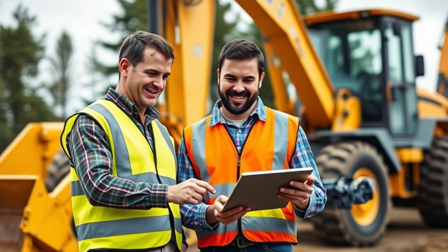 Two workers using a tablet for fleet management in construction equipment