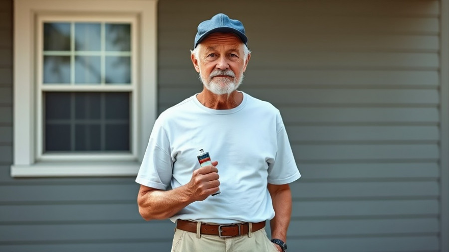 Man holding paint tube in front of house, outdoor service