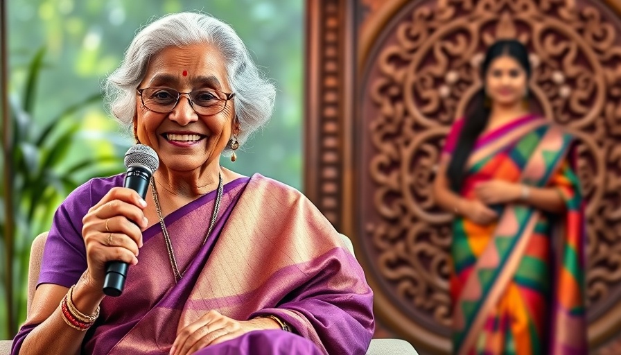 Elderly woman in sari holding mic; younger woman smiling in colorful sari.