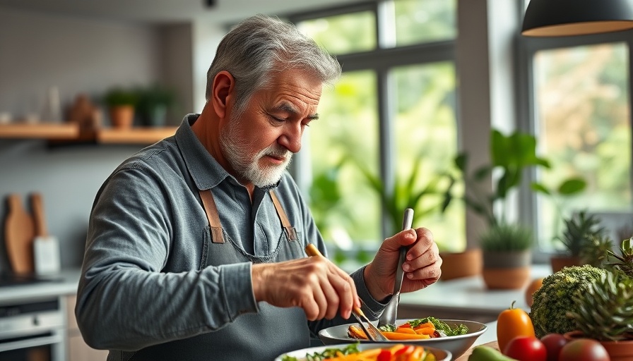Older man cooking in a modern kitchen, showcasing healthy eating longevity benefits.