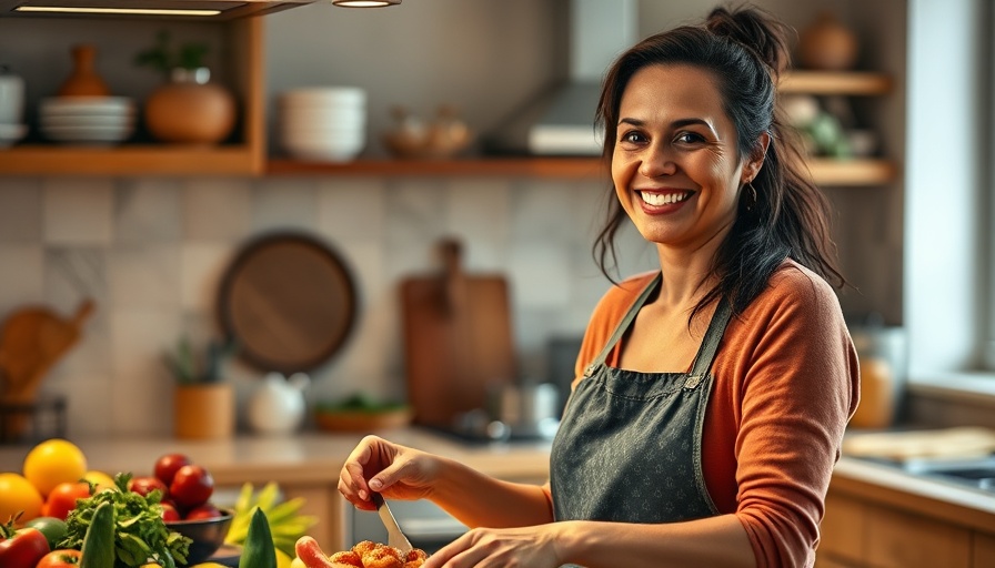 Smiling woman promoting healthy living with diabetes in warm kitchen.