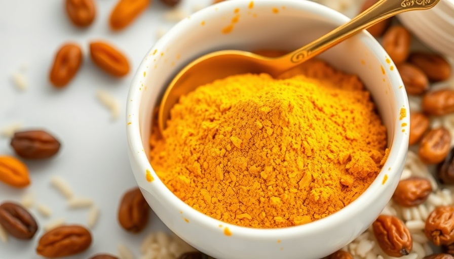Turmeric powder in a bowl with raisins and rice depicting health benefits.