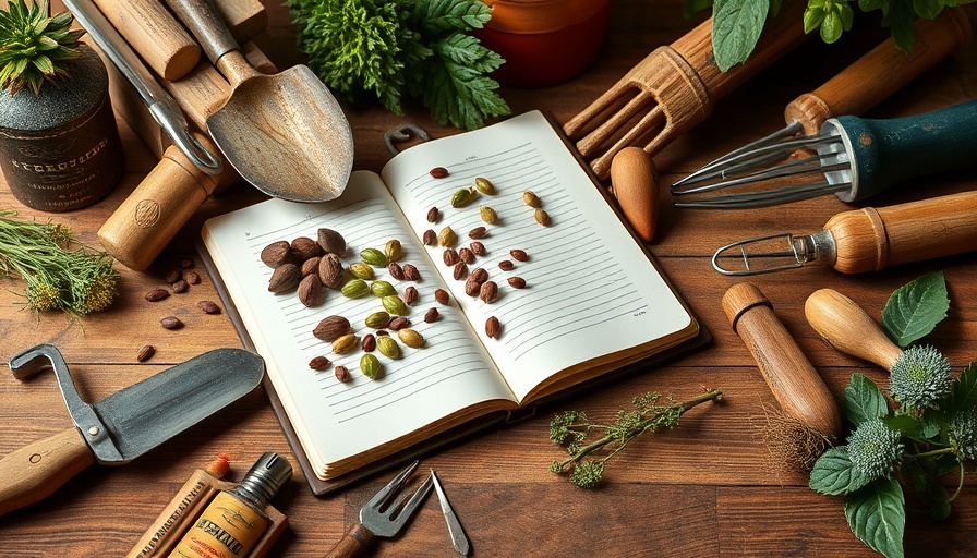 Vegetable garden planning tools and seeds on a table.