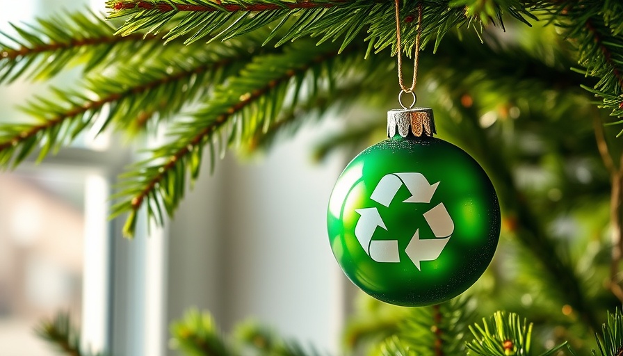 Eco-friendly holiday tips symbolized by a recycling ornament on a Christmas tree.