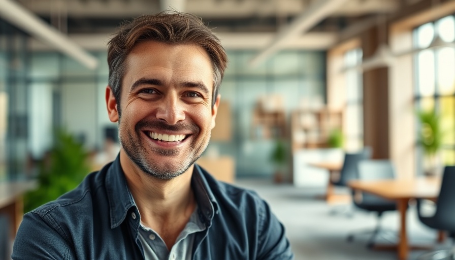 Smiling middle-aged man representing sustainable business practices in an office.
