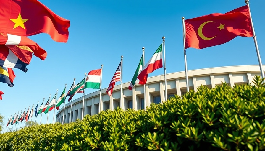Flags outside a governmental building highlighting international cooperation on Glacier Conservation and Climate Change.
