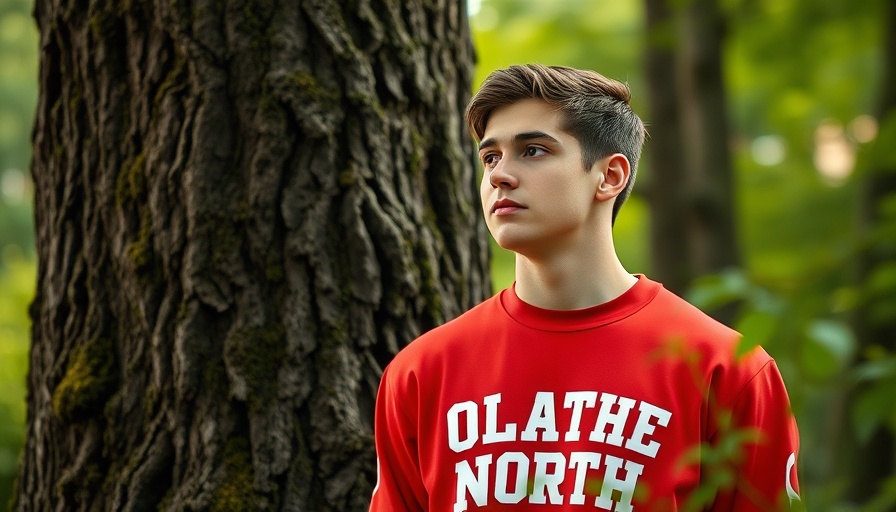 Thoughtful young man in a red sweatshirt against a mossy tree.