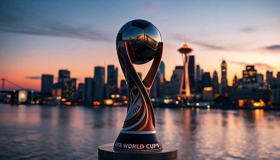 FIFA World Cup logo with Seattle skyline at dusk