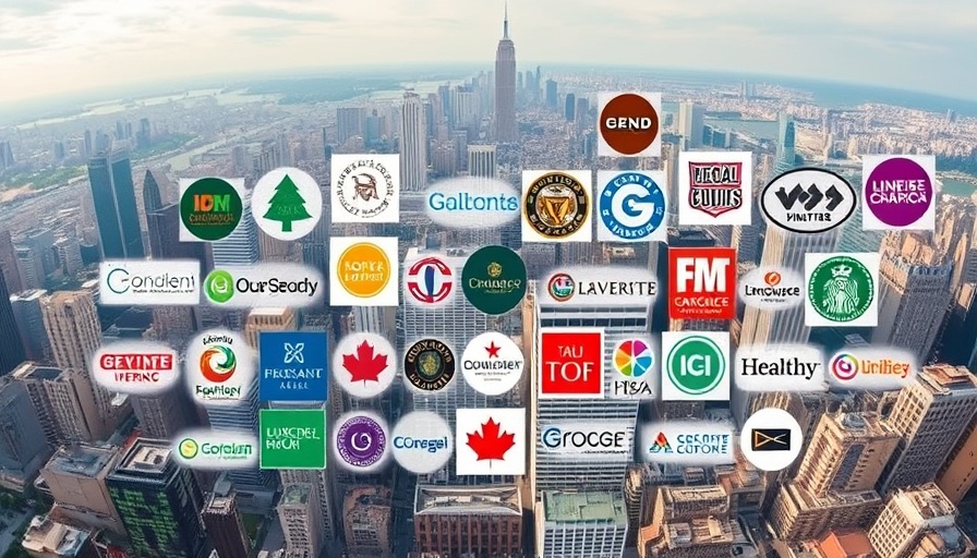 Collage of colorful logos over aerial city view, representing inclusivity themes.