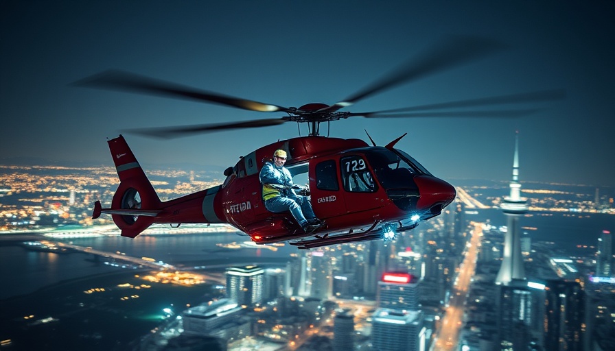 Lifeguard Flight Team helicopter soaring over city at night with vibrant lights.