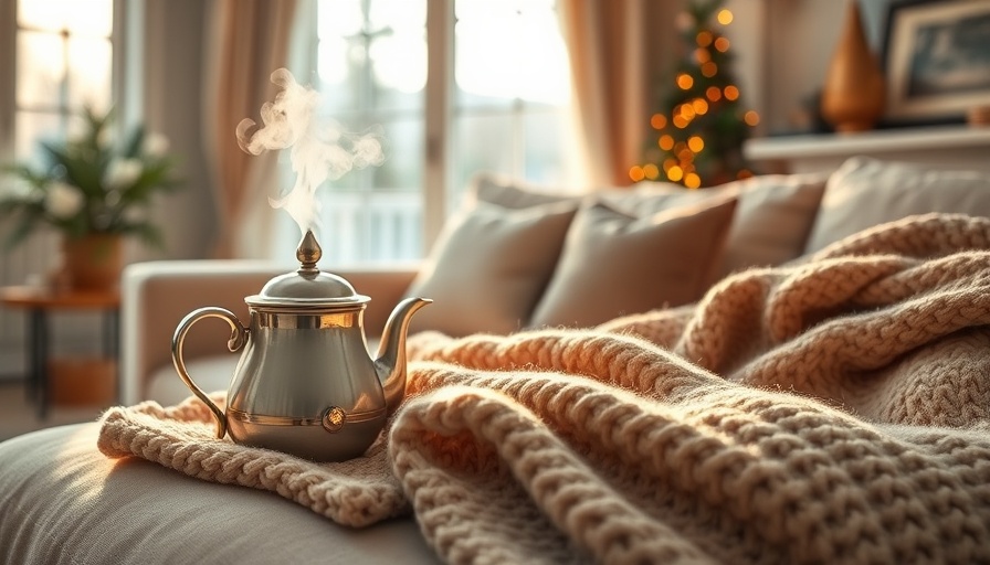 Cozy winter home décor ideas with teapot and blankets.