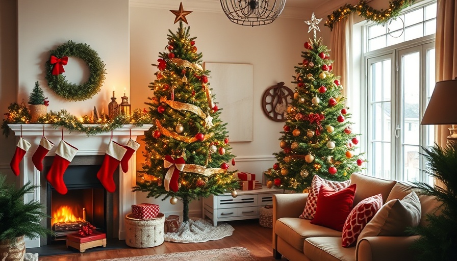 Cozy holiday living room with festive decorations and safety tips focus.