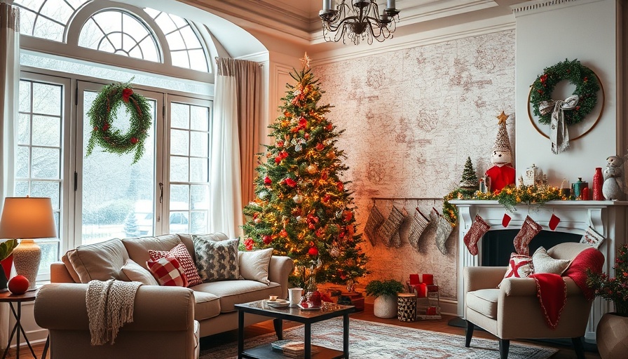 Festive living room with Christmas tree and stockings, bright natural light.