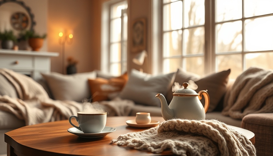 Cozy winter home decor ideas with steaming tea and blankets.