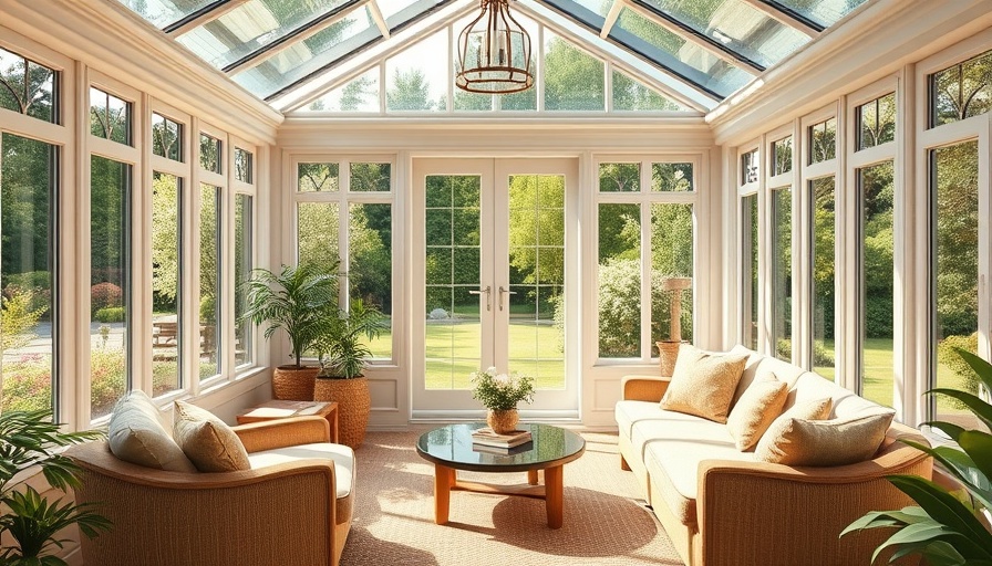 Charming conservatory with elegant seating and garden views, illustrating difference between conservatories and orangeries.