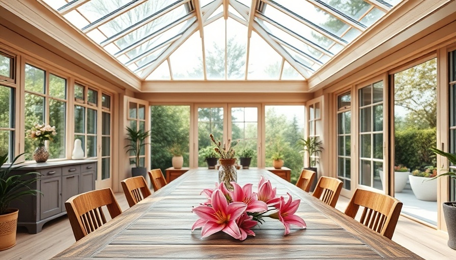 Modern conservatory with wooden table and skylights