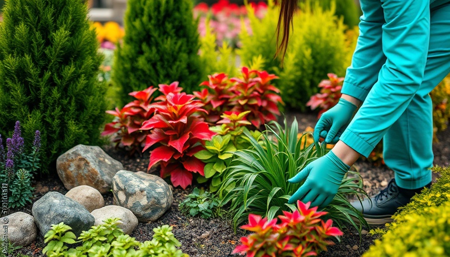 Gardener tending vibrant garden bed with stones and colorful plants.