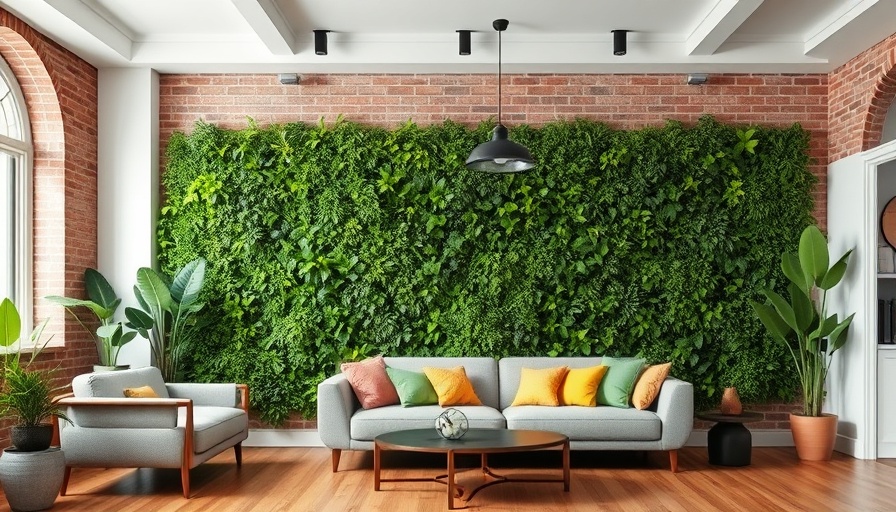 Modern living room with vertical garden wall showcasing custom home trends.