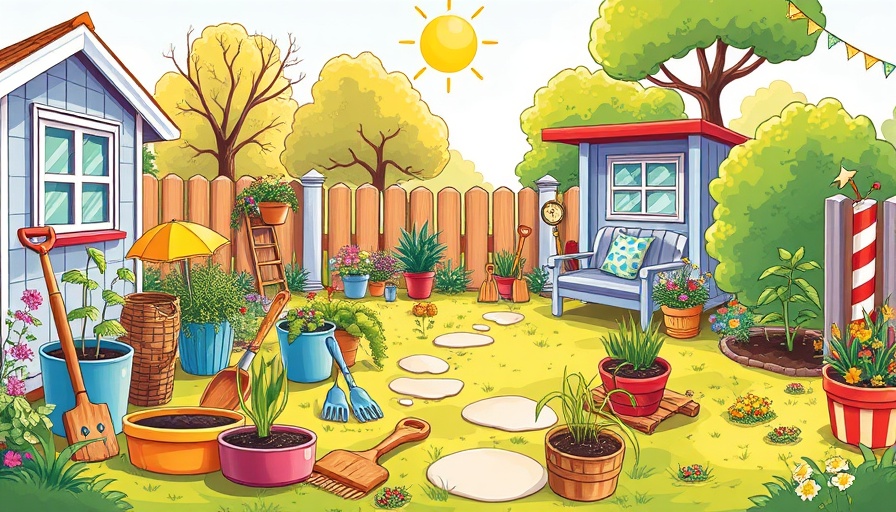 Vibrant backyard garden design illustration with tools and plants.