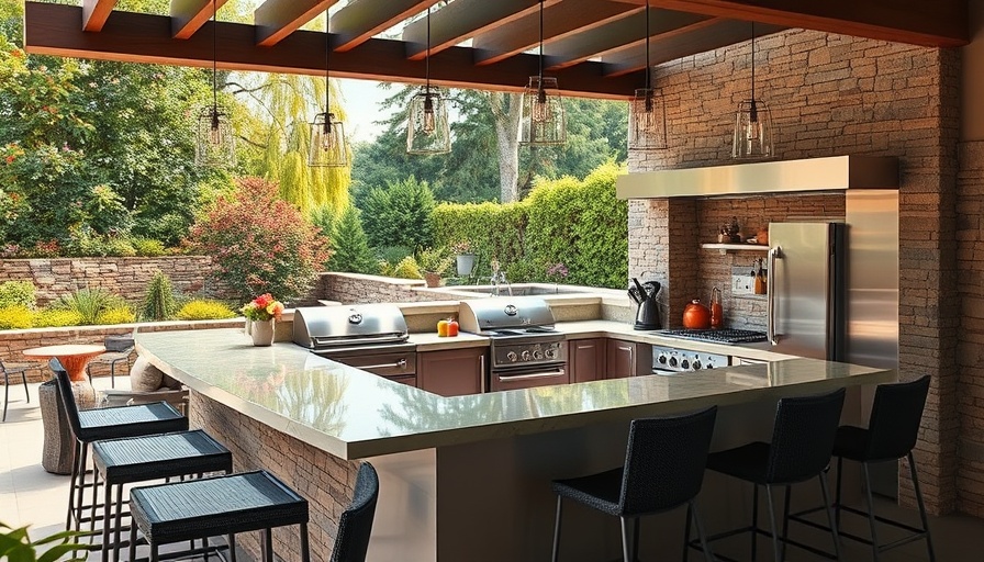 Modern outdoor kitchen showcasing benefits of outdoor kitchens, with stone wall and stainless appliances.