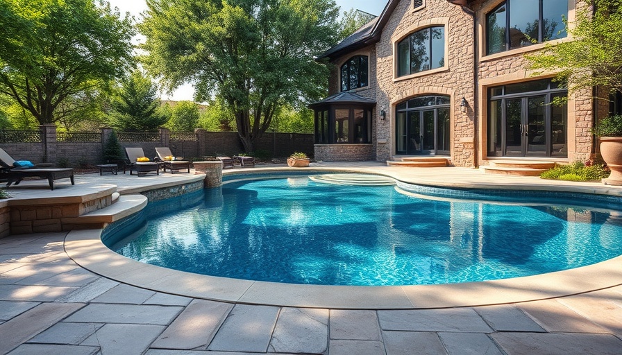 Luxurious backyard pool area with stone patio, backyard design ideas