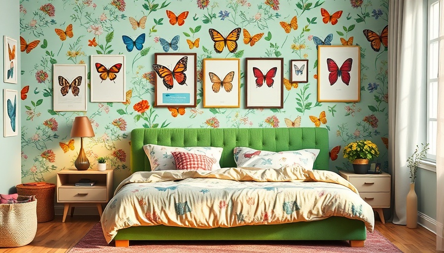 Vibrant kid's room design with butterfly wallpaper and green bed.