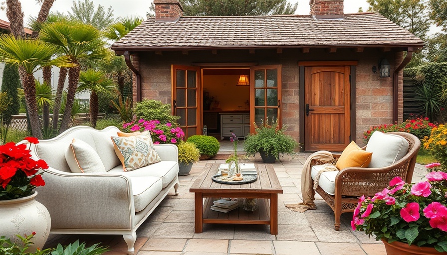 Charming outdoor patio with white furniture, potential storage spot.