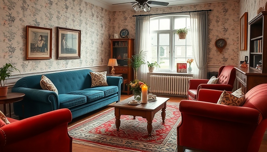 Cozy vintage living room setup with plush seating and warm lighting.