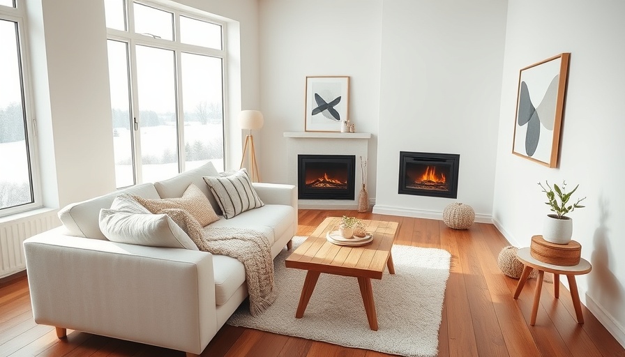 Hygge decor winter living room with cozy sofa and fireplace.