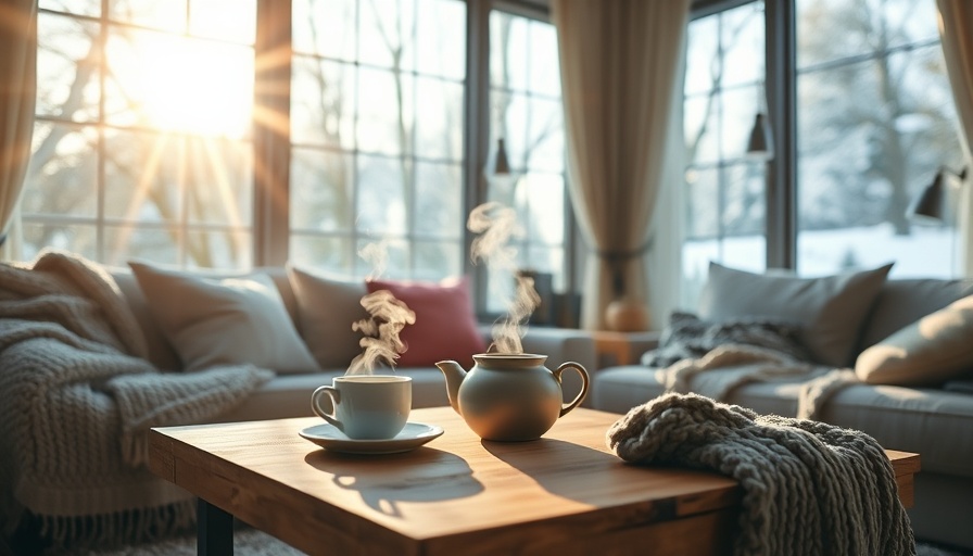 Cozy living room scene with winter decor and warm lighting.