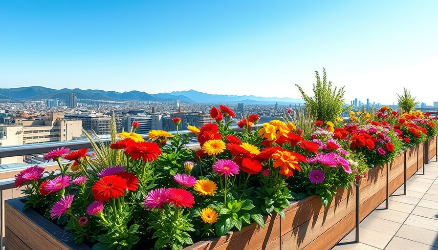 Urban gardening with raised beds on a scenic rooftop.