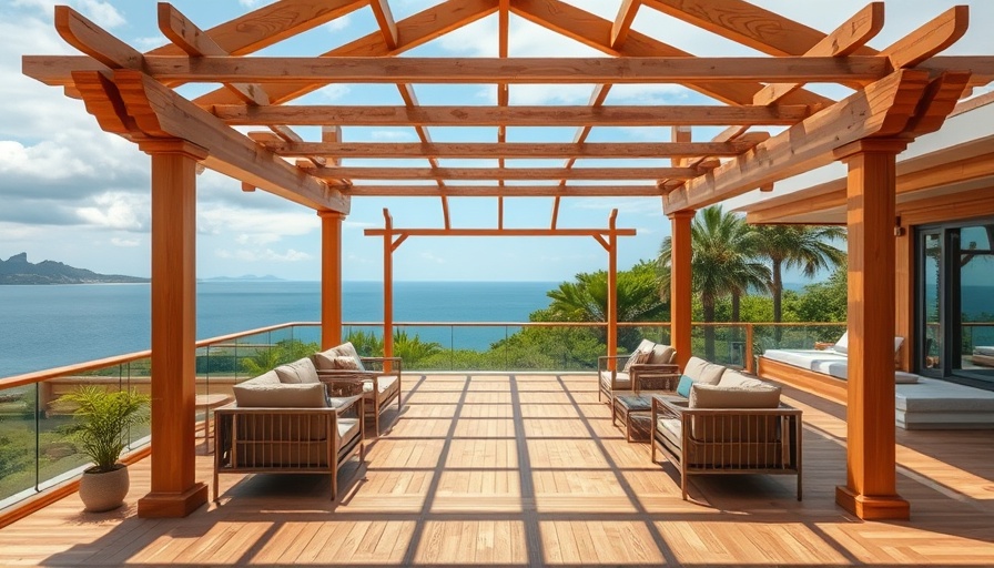 Pergola on deck overlooking ocean, Sugi wood vs. Western Red Cedar comparison.