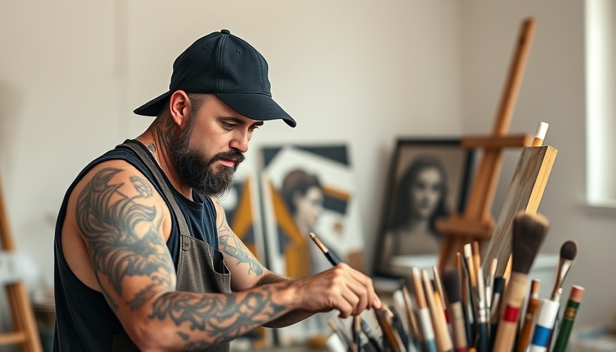 Tattooed painter organizes equipment using ExitFlex micro swivel technology.