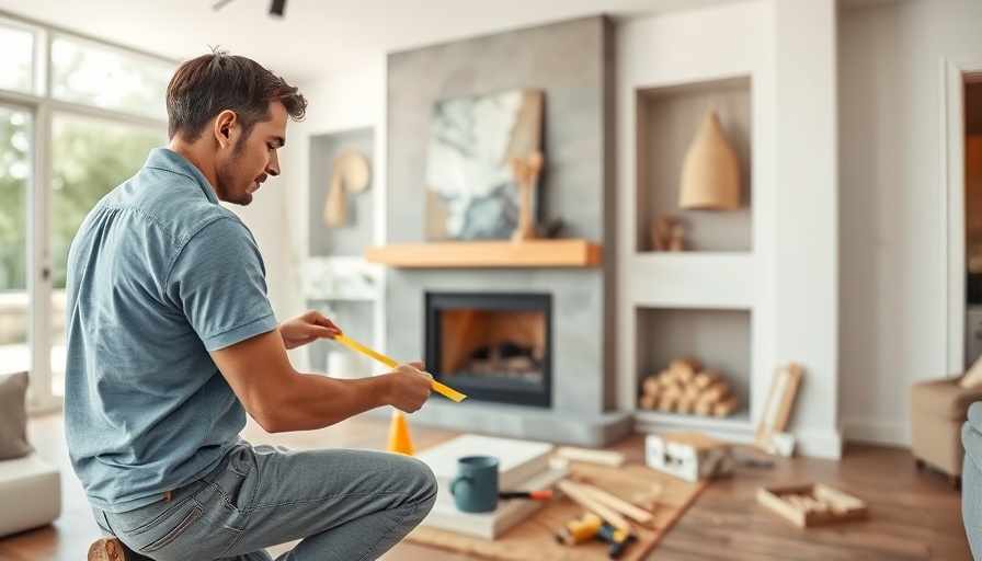 Professional working on trim painting after flooring installation near a fireplace.