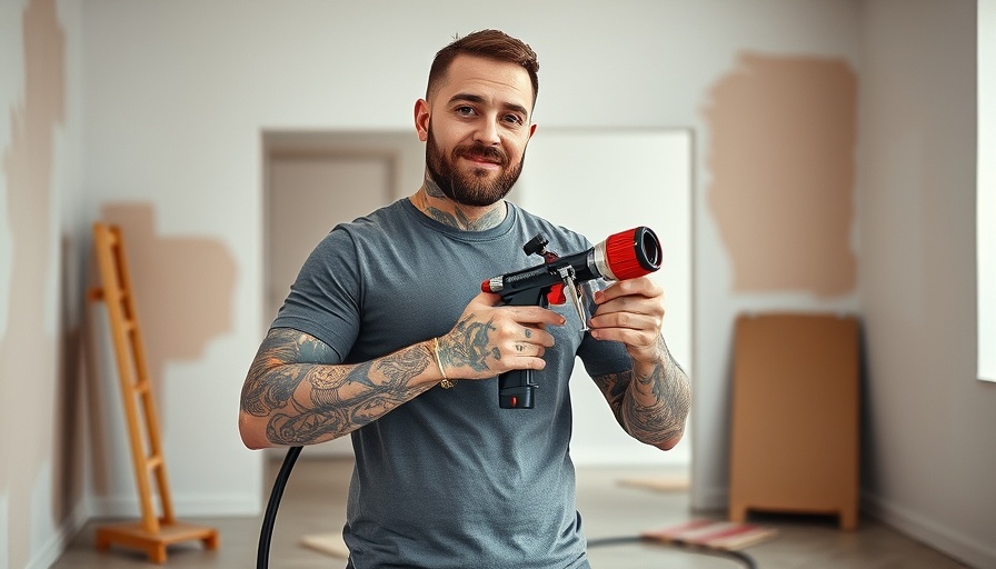 Tattooed man with an airless spraying tool in bright room.