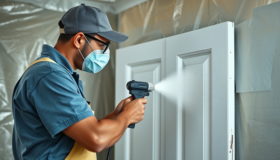 Professional cabinet painting process in protected workspace.