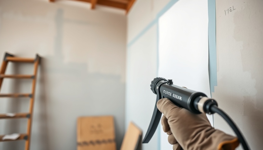 Close-up of power paint sprayer in action, drywall painting prep.